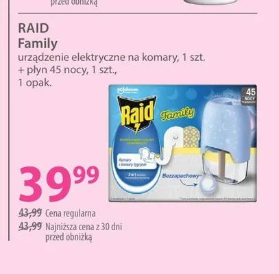 Zestaw urządzenie elektryczne na komary + płyn 45 nocy Raid Family promocja w Hebe