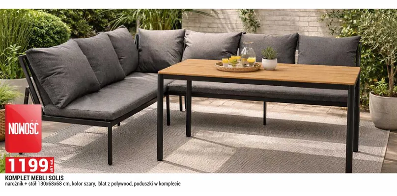 Komplet mebli Solis narożnik + stół 130x68x68cm kolor szary blat z polywood poduszki w komplecie promocja w Merkury Market