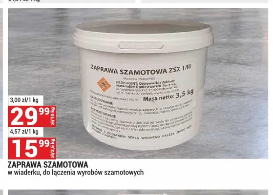 Zaprawa szamotowa w wiaderku do łączenia wyrobów szamotowych 3,5 kg promocja w Merkury Market