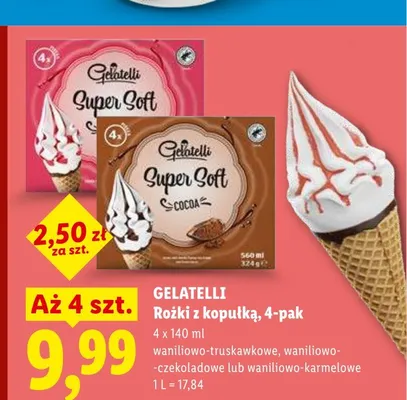 Lody rożki z kopułką Gelatelli Super Soft waniliowo-czekoladowe 4-pak promocja w Lidl