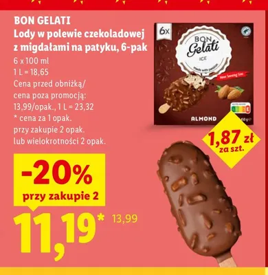 Lody w polewie czekoladowej z migdałami na patyku 6-pak Bon Gelati promocja w Lidl