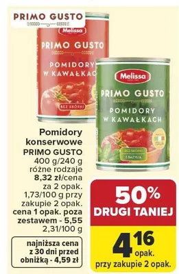 Pomidory konserwowe Primo Gusto w kawałkach bez skórki promocja w Carrefour