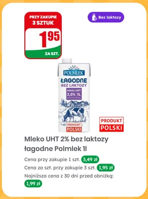 Mleko UHT 2% bez laktozy łagodne Polmlek promocja w Dino