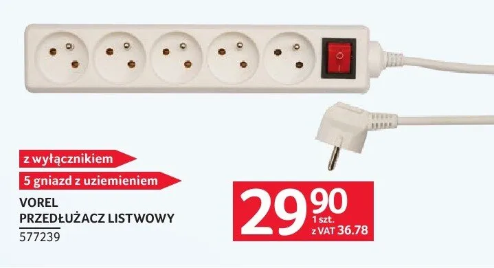 Przedłużacz listwowy Vorel 5 gniazd z uziemieniem z wyłącznikiem promocja w Selgros