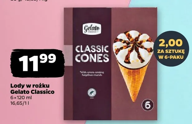 Lody w rożku Gelato Classico 6-pak 120ml promocja w Netto