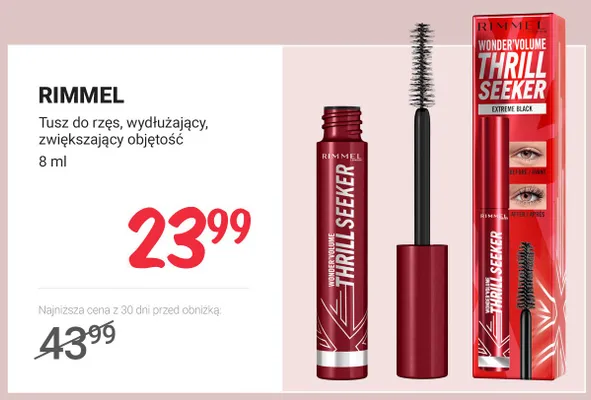 Tusz do rzęs Rimmel Wonder'Volume Thrill Seeker Extreme Black wydłużający zwiększający objętość promocja w Rossmann