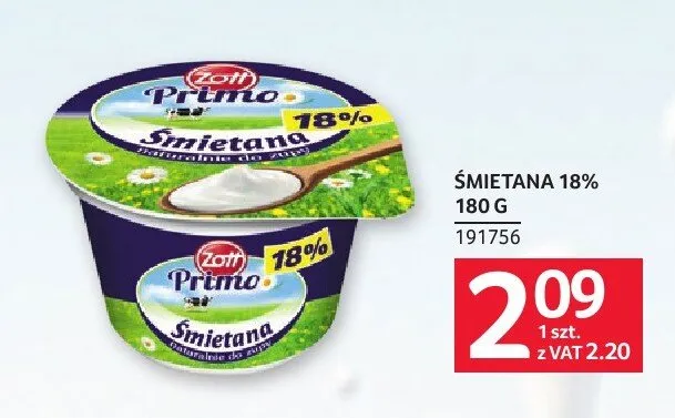 Śmietana 18% Zott Primo promocja w Selgros