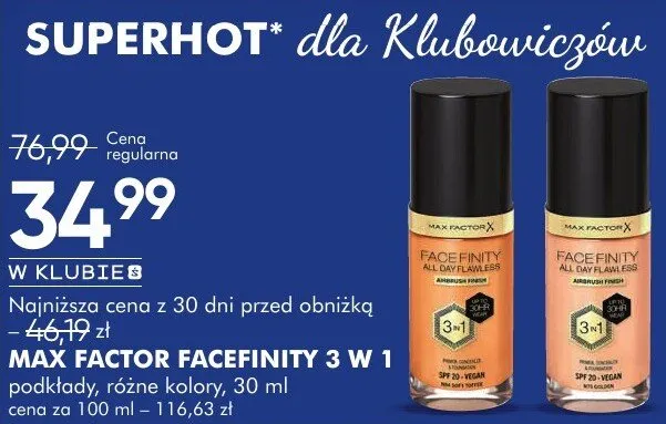 Podkłady MAX FACTOR FACEFINITY 3 W 1 podkłady, różne kolory, 30 ml promocja w Makro