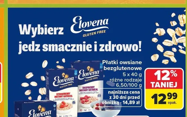 Płatki owsiane bezglutenowe Elovena promocja w Carrefour Market