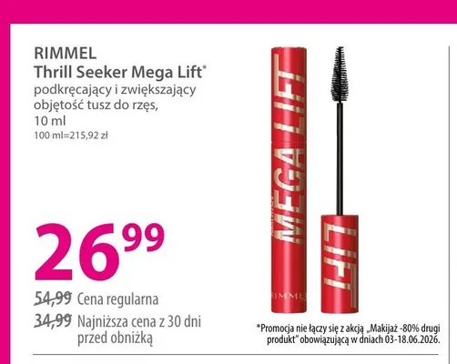 Podkręcający i zwiększający objętość tusz do rzęs RIMMEL Thrill Seeker Mega Lift promocja w Hebe