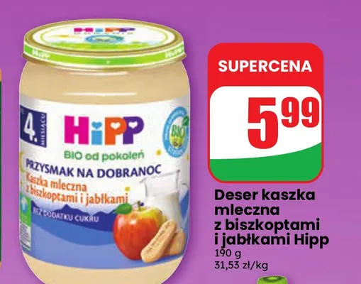 Deser kaszka mleczna z biszkoptami i jabłkami Hipp promocja w Dino