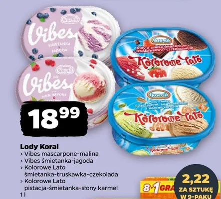 Lody Vibes mascarpone-malina, Vibes śmietanka-jagoda, 1000 Ton śmietanka-truskawka-czekolada, Kolorowe Lato pistacja-śmietanka-słony karmel promocja w Netto