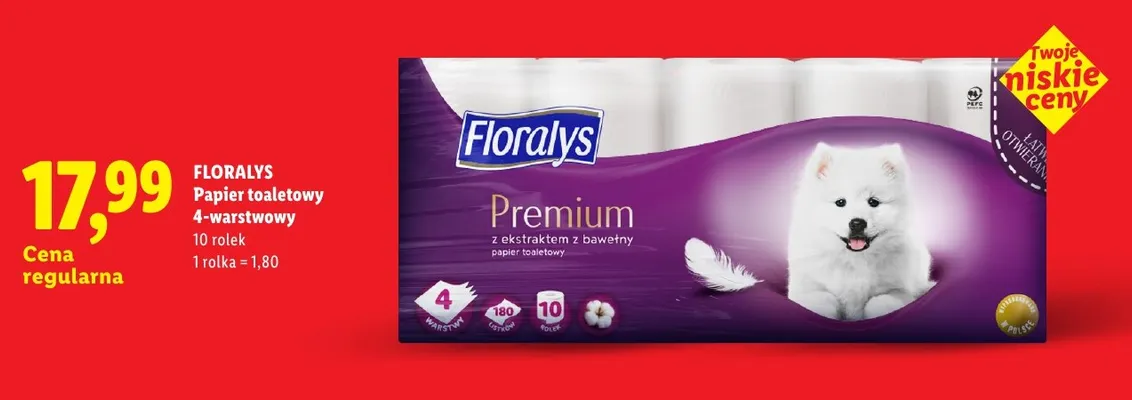 Papier toaletowy 4-warstwowy Floralys Premium z ekstraktem z bawełny 10-pak promocja w Lidl