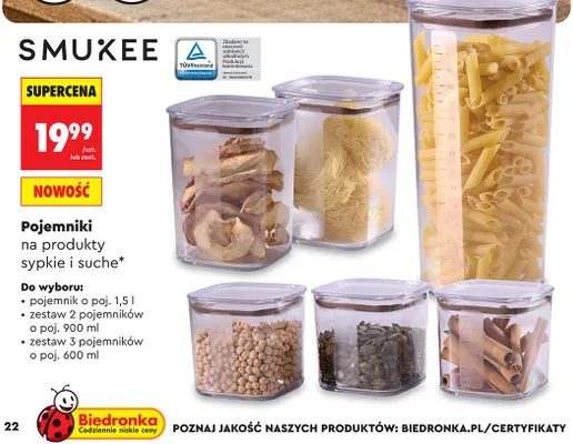 Pojemniki na produkty sypkie i suche, różne rodzaje Smukee promocja w Biedronka