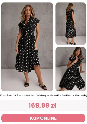 Koszulowa sukienka letnia z wiskozy w groszki z paskiem z klamerką Reneé promocja w Renee