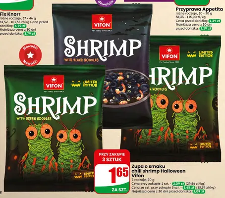Zupa o smaku chili shrimp Halloween with green noodles Vifon promocja w Dino