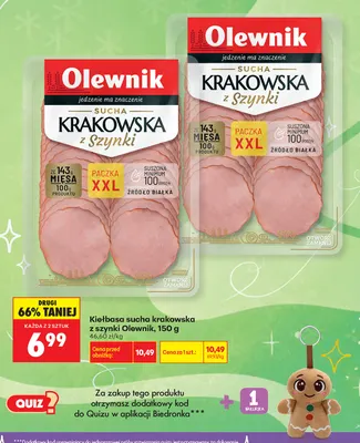 Kiełbasa sucha krakowska z szynki Olewnik promocja w Biedronka