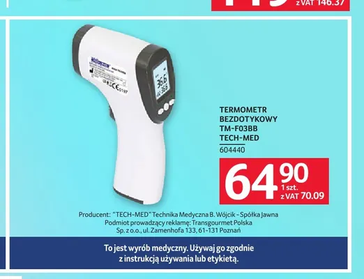 Termometr bezdotykowy TM-F03BB Tech-Med promocja w Selgros