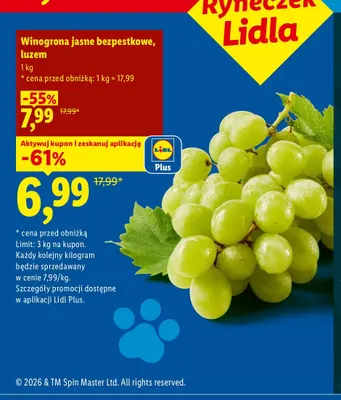 Winogrona jasne bezpestkowe luzem promocja w Lidl