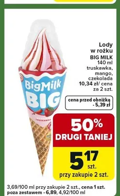 Lody w rożku Big Milk truskawka promocja w Carrefour Express