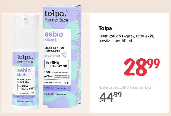 Krem-żel do twarzy ultralekki nawilżający Tołpa dermo face sebio start promocja w Rossmann