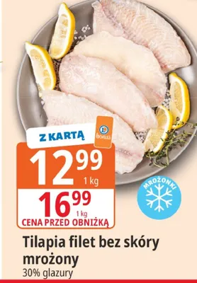 Tilapia filet bez skóry mrożony 30% glazury promocja w Leclerc