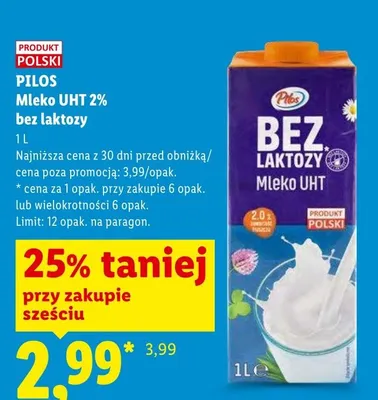 Mleko UHT 2% bez laktozy Pilos promocja w Lidl