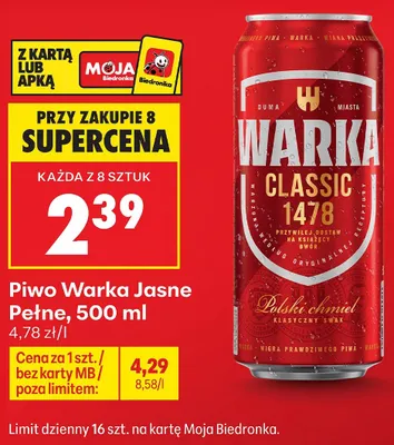 Piwo Warka Jasne Pełne promocja w Biedronka
