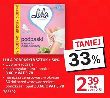 Lula podpaski 8 sztuk + 50% wkładki higieniczne promocja w Selgros