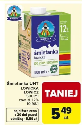 Śmietanka UHT Łowicka Łowicz 12% promocja w Carrefour Market
