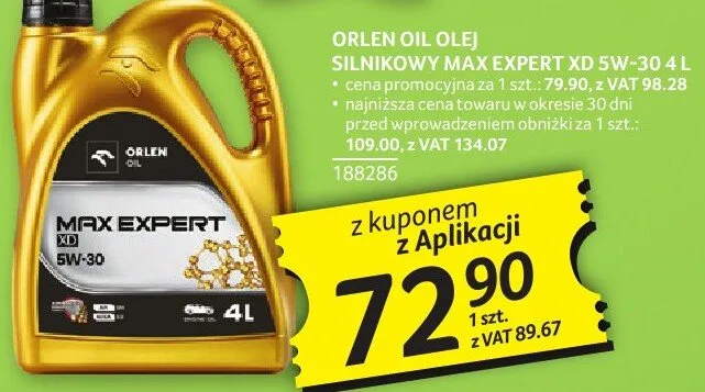 Olej silnikowy Orlen Oil Max Expert XD 5W-30 4L promocja w Selgros