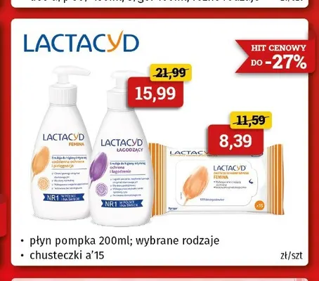 Chusteczki do higieny intymnej Lactacyd promocja w Drogeria Kosmyk
