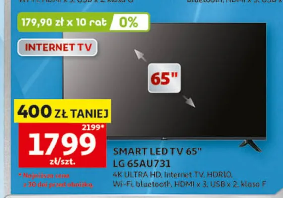 SMART LED TV 65" LG 65AU731 4K ULTRA HD Internet TV HDR10 Wi-Fi bluetooth HDMI x 3 USB x 2 klasa F promocja w Auchan