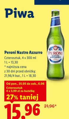 Piwo Peroni Nastro Azzurro 4-pak 300ml promocja w Lidl