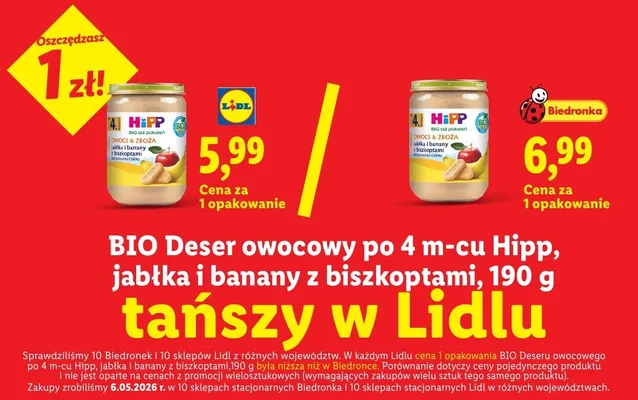BIO Deser owocowy po 4m-cu jabłka i banany z biszkoptami Hipp promocja w Lidl