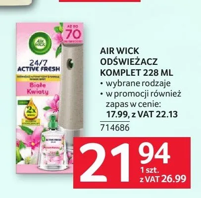 Odświeżacz powietrza Air Wick Active Fresh promocja w Selgros