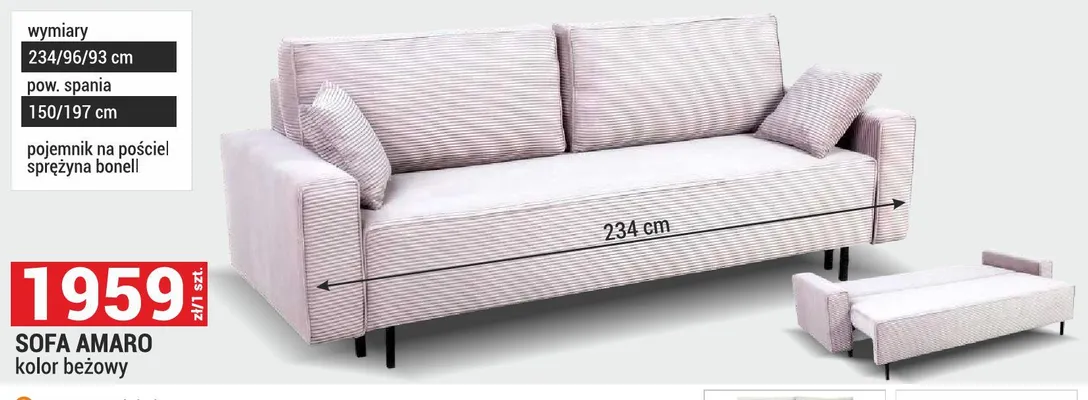 Sofa Amaro kolor beżowy 234/96/93cm pow. spania 150/197cm pojemnik na pościel sprężyna bonell promocja w Merkury Market