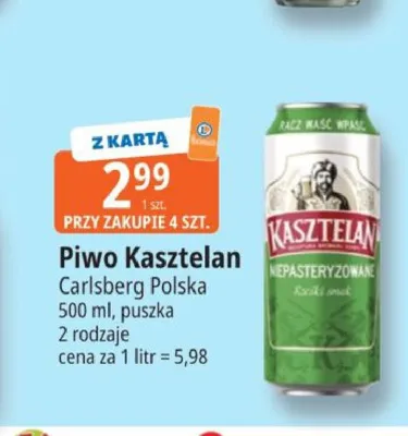 Piwo Kasztelan Niepasteryzowane 500ml promocja w Leclerc