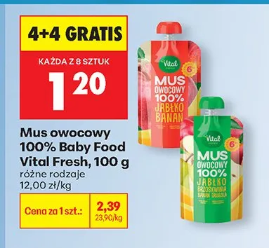 Mus owocowy 100% Baby Food, różne rodzaje 4+4 GRATIS Vital Fresh promocja w Biedronka