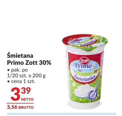 Śmietana Primo Zott 30% promocja w Makro