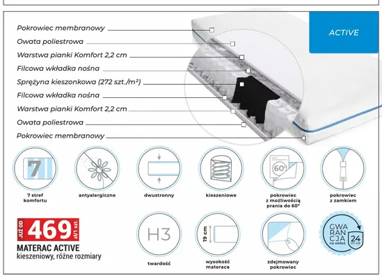 Materac kieszeniowy Active H3 promocja w Merkury Market