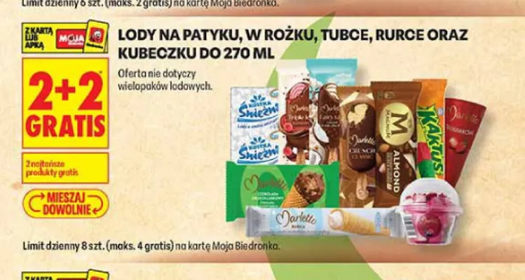 Lody na patyku w rożku tubce rurce oraz kubeczku do 270 ml promocja w Biedronka