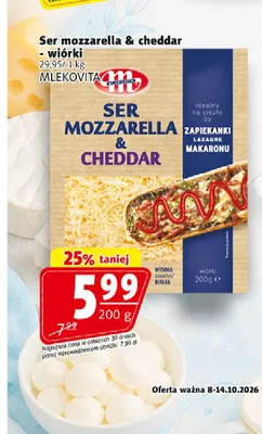Ser mozzarella & cheddar wiórki Mlekovita promocja w Prim Market