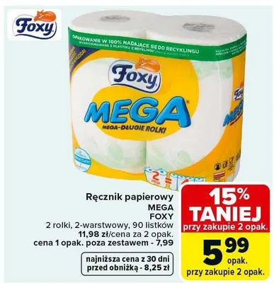 Ręcznik papierowy MEGA, 2 rolki, 2-warstwowy, 90 listków promocja w Carrefour