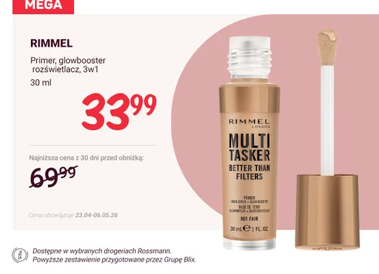 Primer glowbooster rozświetlacz 3w1 Rimmel Multi Tasker Better Than Filters 001 Fair promocja w Rossmann