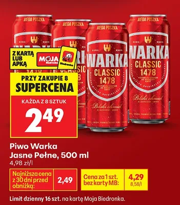 Piwo Warka Classic jasne pełne promocja w Biedronka