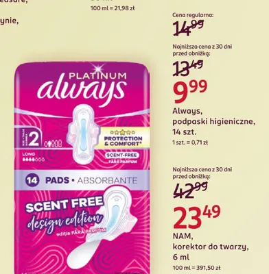 Podpaski higieniczne Always promocja w Rossmann