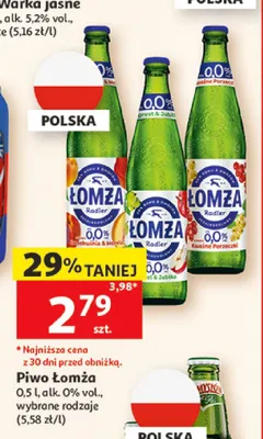 Piwo bezalkoholowe Łomża Radler 0,0% Kwaśne Porzeczki promocja w Auchan