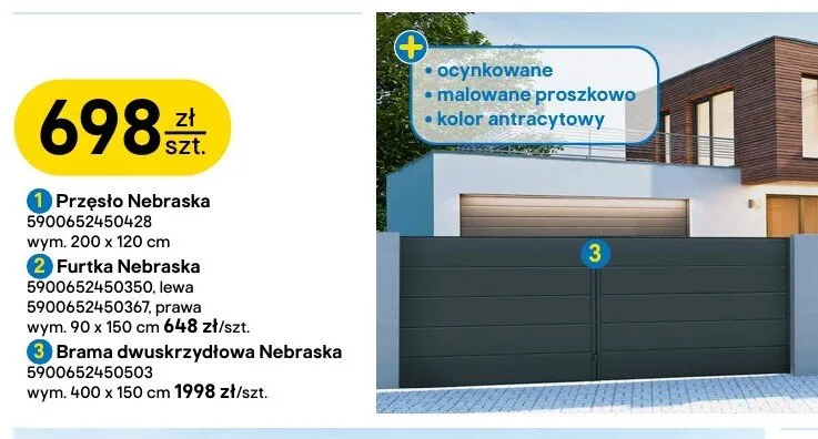 Brama dwuskrzydłowa POLBRAM Nebraska ocynkowana malowana proszkowo kolor antracytowy 400x150cm promocja w Castorama