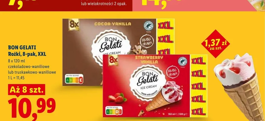 Lody rożki czekoladowo-waniliowe Bon Gelati 8-pak XXL promocja w Lidl